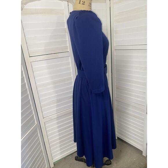 Vtg 80s Whirlaway Frocks Navy 3/4 Sleeves Pleated Belted Fit & Flare Dress Sz 10 - Picture 6 of 10